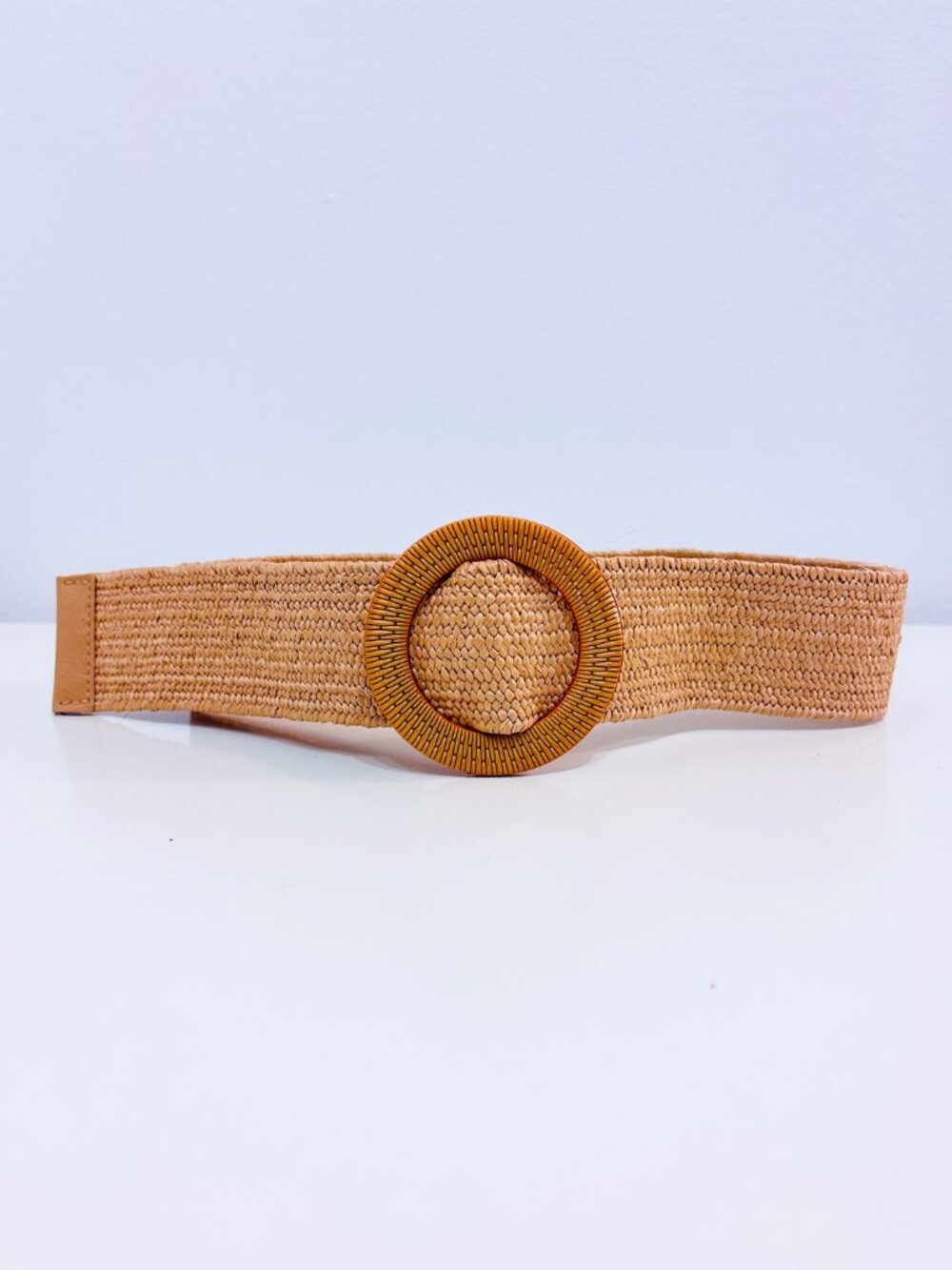 Beige Woven Stretch Belt | Boho Raffia Look Round Buckle | Medium/Large